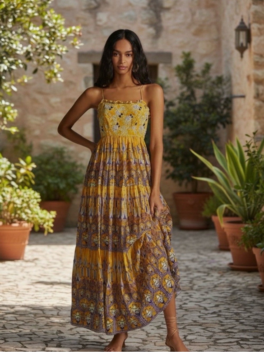 Anthropology Bhahuni by Jyoti Yellow Floral Spaghetti-Strap Party Dress